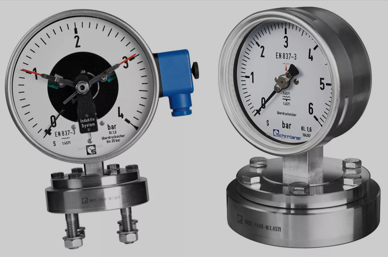 Diaphragm type pressure gauge with contact and with flanged connection
